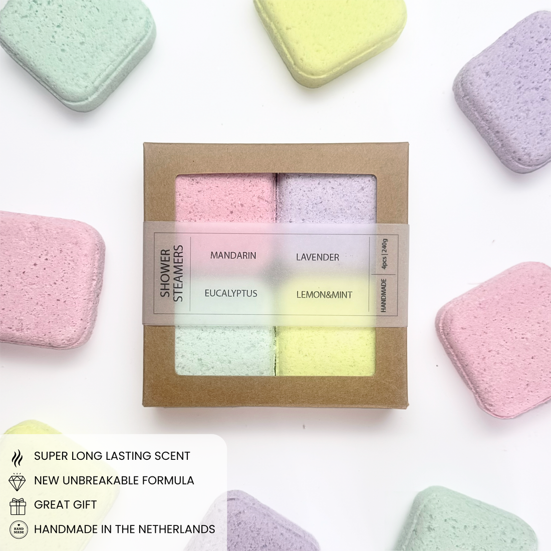 Natürliche Dusch-Dampfbomben | Geschenkset 4 Stück | Verschiedene Düfte | 240 g